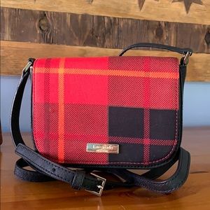 Red cloth and black leather cross body purse
